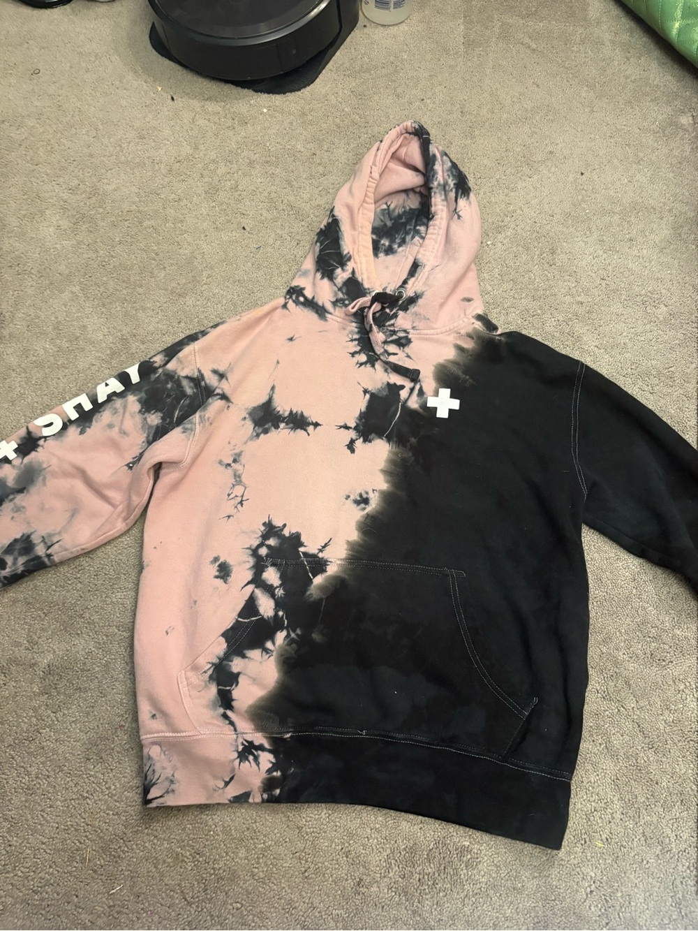 Black and Pink Tie-Dye Hoodie with Faded Chest Logo